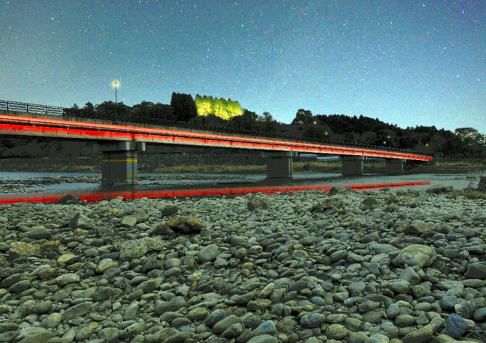 IoTで川の水位センサーと連動し橋をライトアップ。視覚的に災害情報を伝え、早期避難を目指す